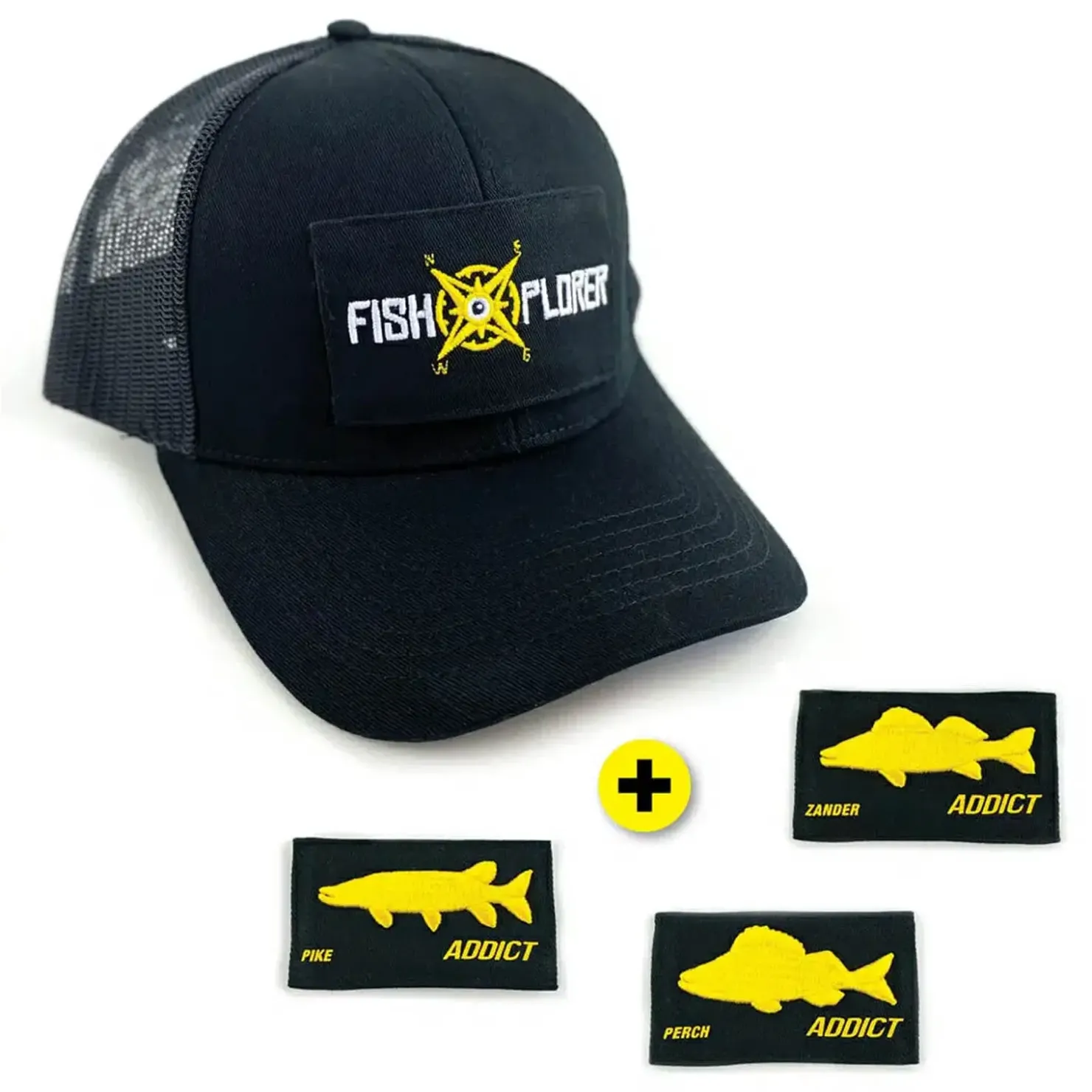 FishXplorer Set-Trucker Cap Wasser- & Uv Resistent mit 4 Patches: , Hecht, Barsch, Zander| Mützen