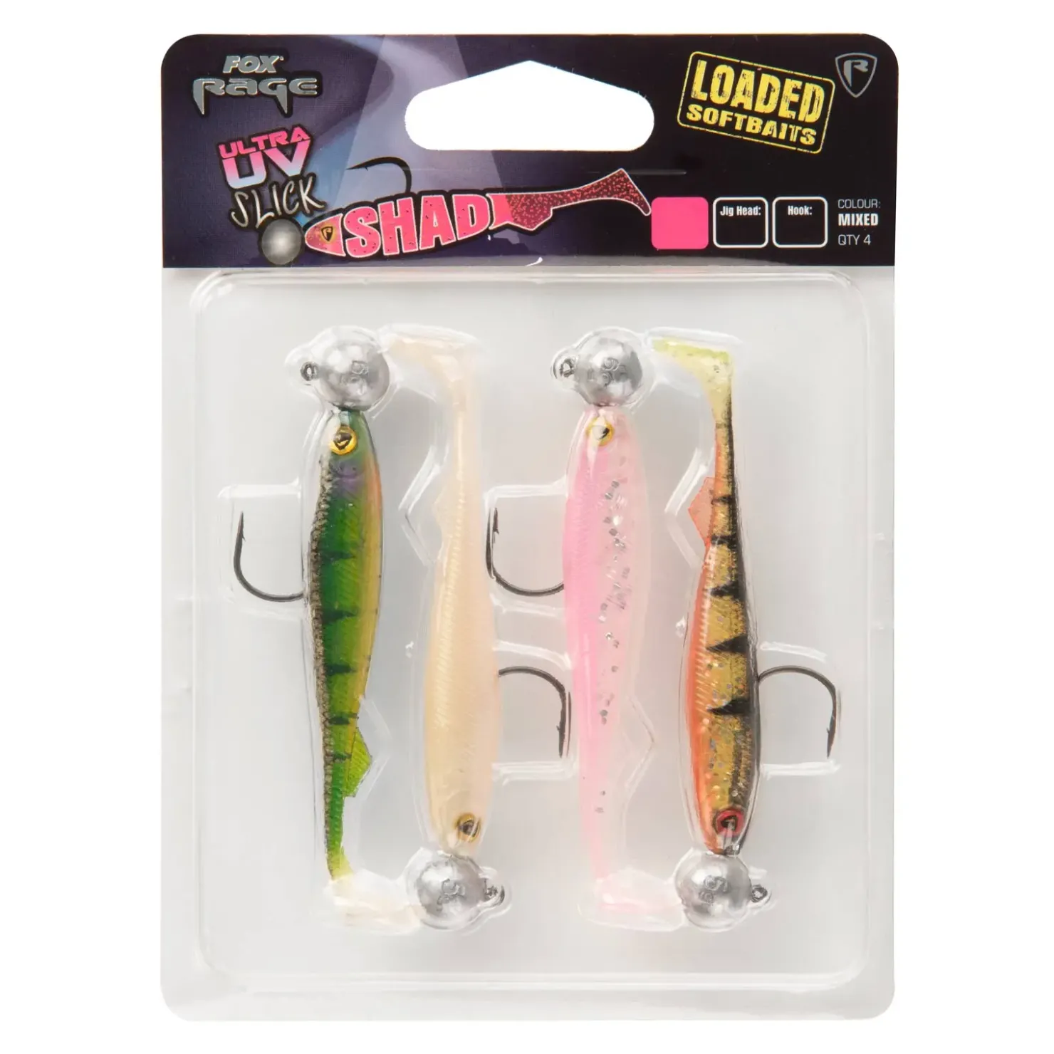 Fox Rage Slick Shad Loadet 11cm 10g 3/0 x 4Stk Set montiert| Sets Spinnfischen|Zander Gummifisch