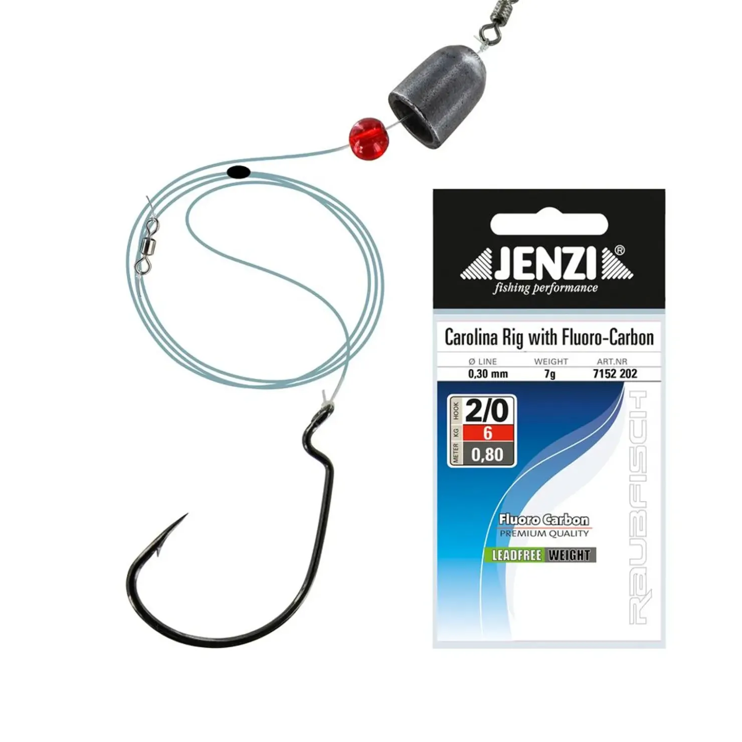 Jenzi FC-Line Carolina-Rig 7g Hakengröße 2/0 mit Offset-Haken und Gewicht| Drop Shot Haken|Drop Shot Rig